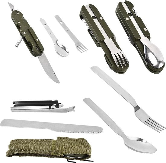Set di utensili in acciaio inossidabile per campeggio - 7 pezzi con astuccio - per viaggi di picnic all'aperto