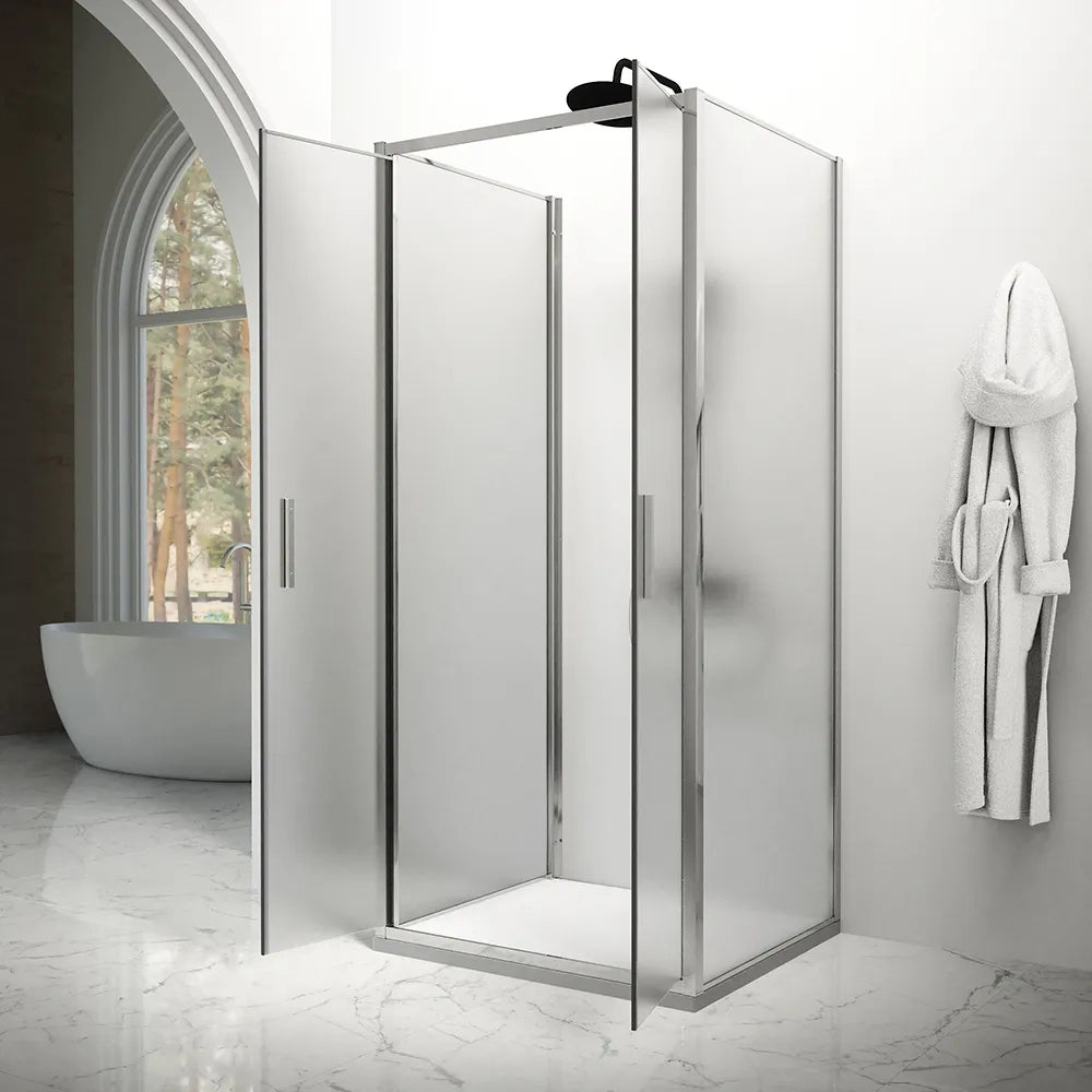 Box doccia tre lati 80x100x80cm con porta saloon profili cromati e vetro 6mm opaco h190 | Portofino