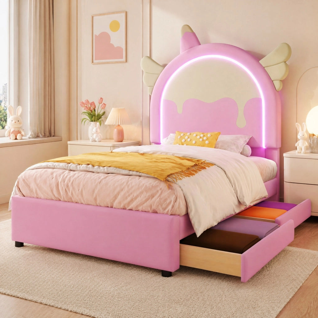 Letto imbottito rosa 90x200 cm con 2 cassetti e luce LED, forma unicorno