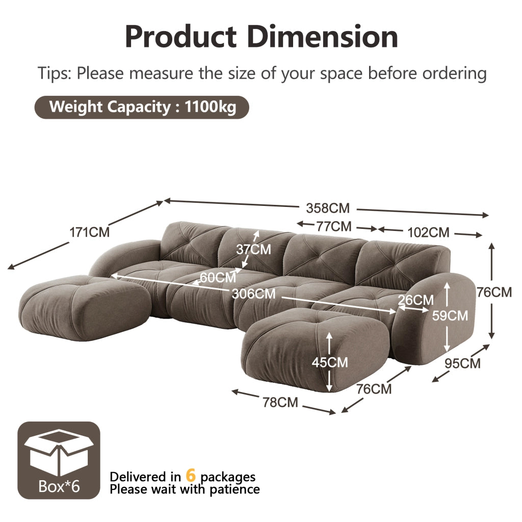 Divano modulare a U 4 posti con 2 pouf in chenille senza struttura interna e montaggio per soggiorno taupe