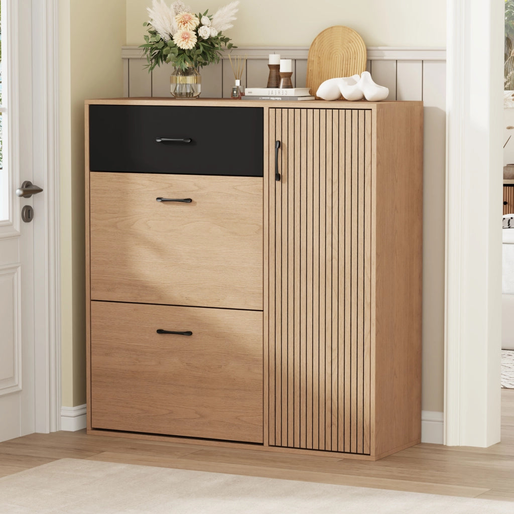 Scarpiera con 1 cassetto e 2 vani ribaltabili - per ingresso - in MDF e truciolare - 100×35×106 cm - noce e nero