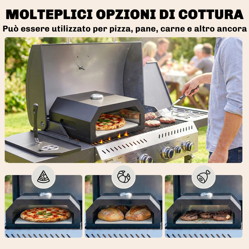 Mini Forno per Pizza da Barbecue 53x40x18,5 cm con Pietra in Cordierite e Termometro in Metallo Nero