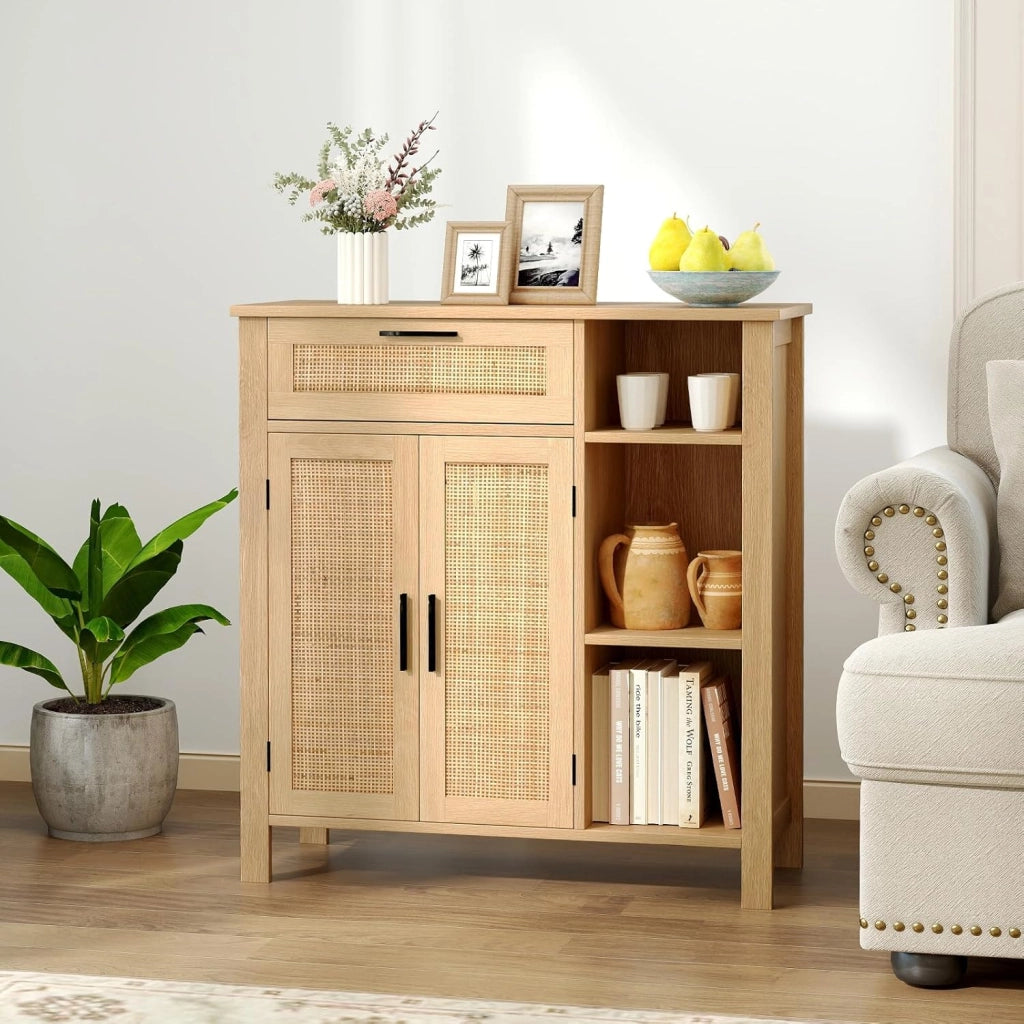 Credenza Cucina con 2 Ante in Rattan, Mobile Buffet con Cassetto, Scomparti Aperti, Mensola Regolabile, Mobile Cucina Dispensa in Legno, per Soggiorno, Sala da Pranzo, 75x30x80cm, Naturale
