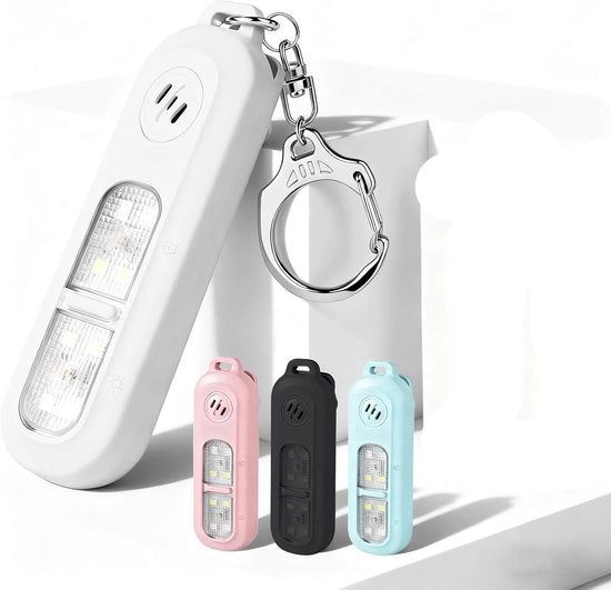 Sirena di sicurezza personale ricaricabile, 130 dB, con strobo e torcia LED, chiave per la difesa personale con funzione allarme, dispositivo di allarme per bambini, bianco