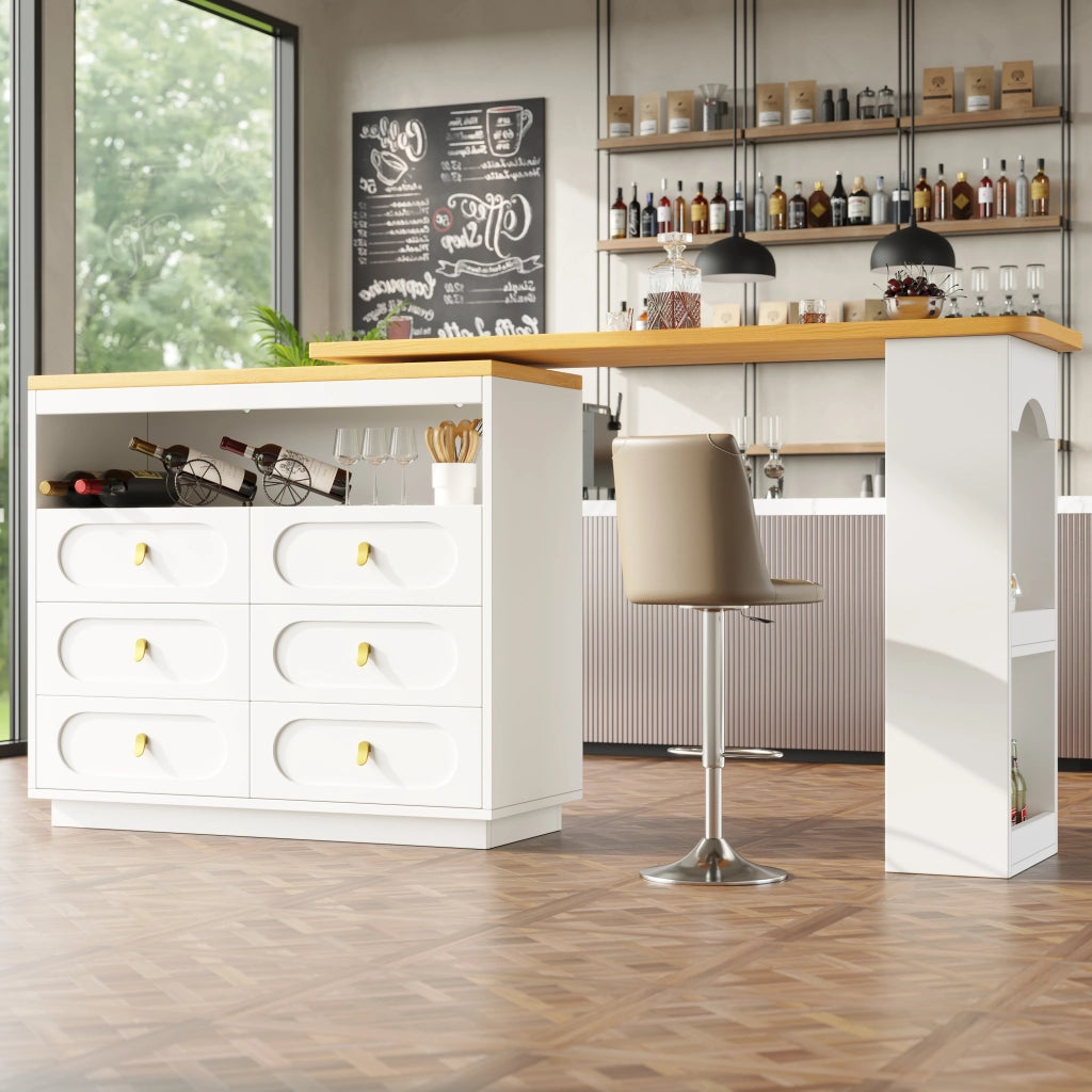 Tavolo da Pranzo Allungabile con 6 Cassetti; Ripiano Laterale e Piano Girevole; in MDF; 137-203x39x90 cm; Bianco