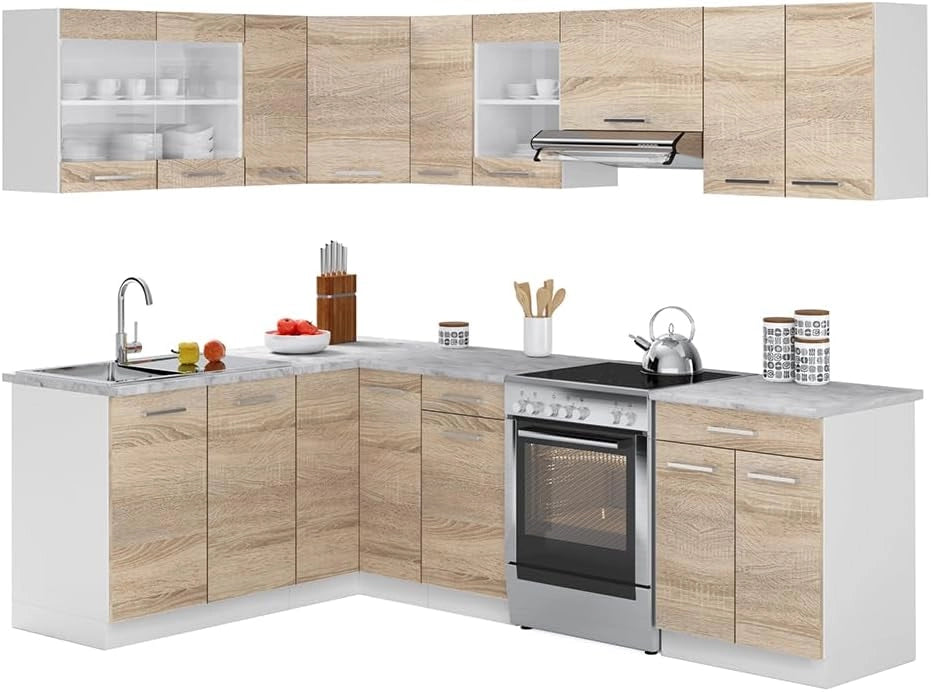 Cucina ad angolo Rick, Bianco/Sonoma, 250 x 60 cm, PL Marmo, espandibile e combinabile in modo flessibile con elementi modulari
