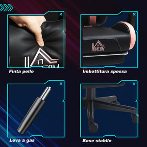 Sedia da Gaming Ergonomica con Orecchie da Gatto Poggiapiedi Retrattile e Schienale Reclinabile 135° Rosa e Nero