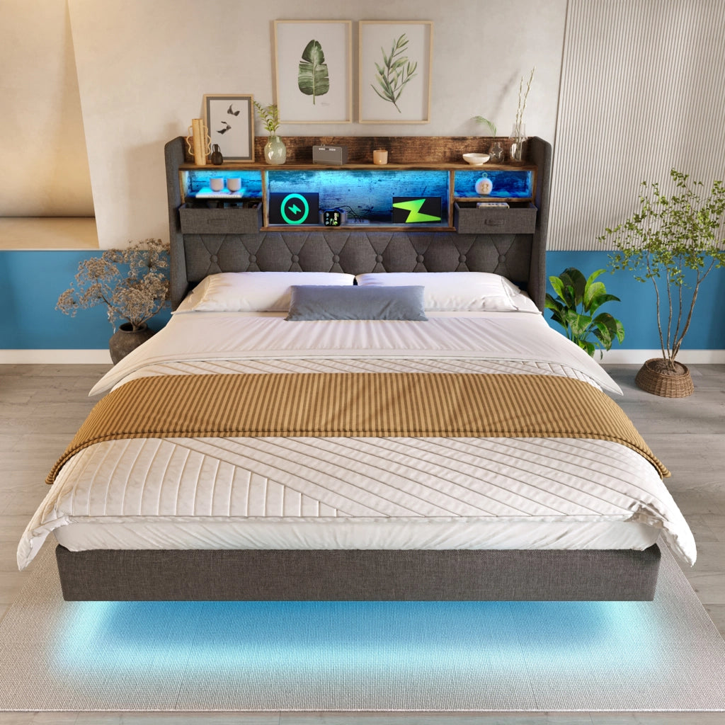 OKWISH Letto Matrimoniale 140×200 cm con LED Regolabile, USB, Tipo C e Contenitore, senza Materasso, in Lino, Grigio
