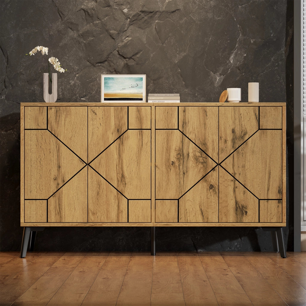 Credenza con 4 ante e 4 vani; apertura a pressione - per soggiorno - in MDF - 120×35×69 cm - naturale
