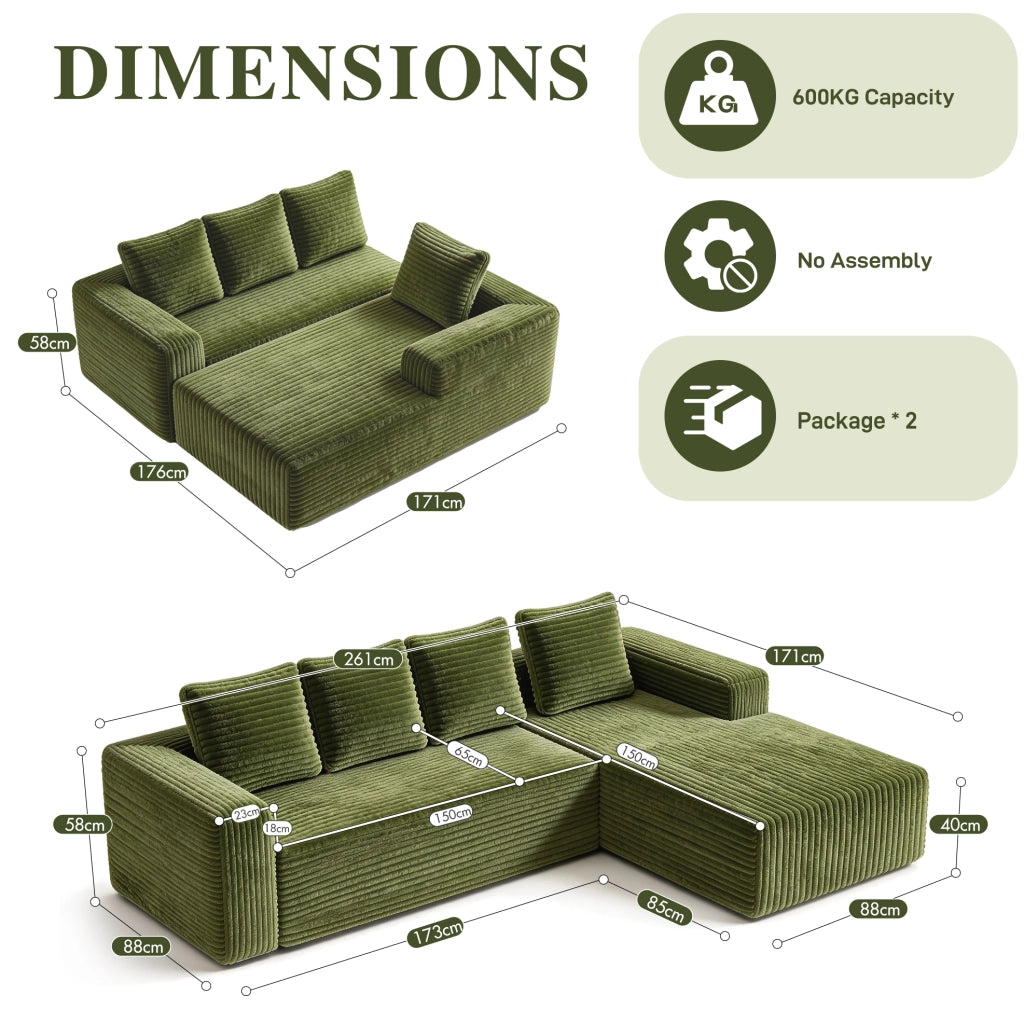 Divano modulare angolare a L con chaise longue reversibile; 261x168x58 cm; verde