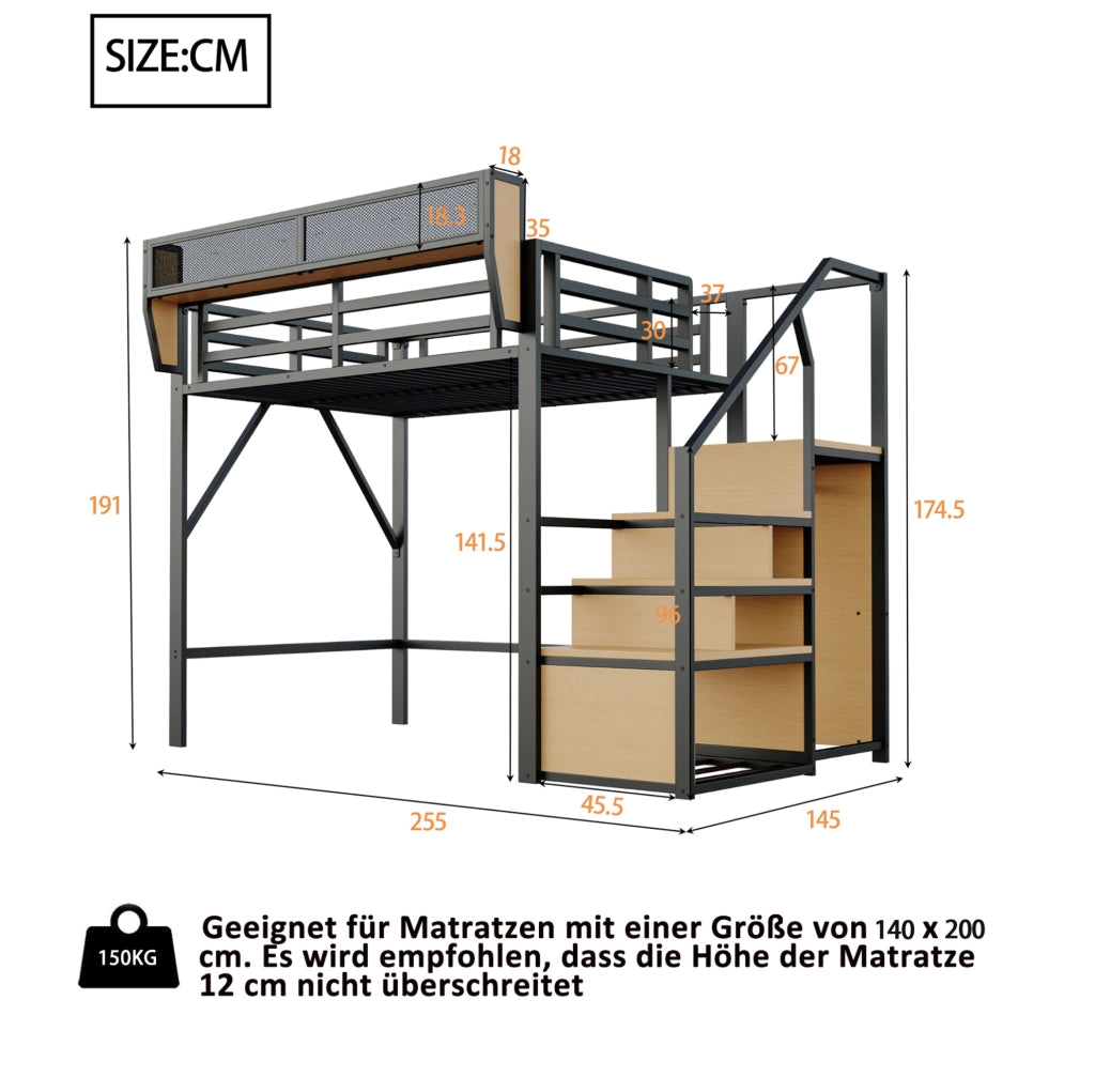 Letto a soppalco 140x200 cm nero con ripiano regolabile