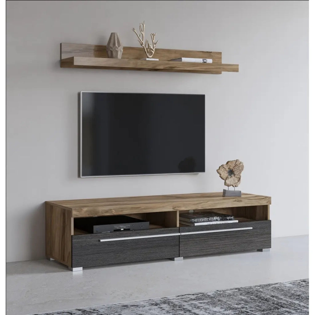 Mobile TV BRAZZA 140 cm con mensola a muro – 2 ante ribaltabili – Noce satinato e nicchie visibili