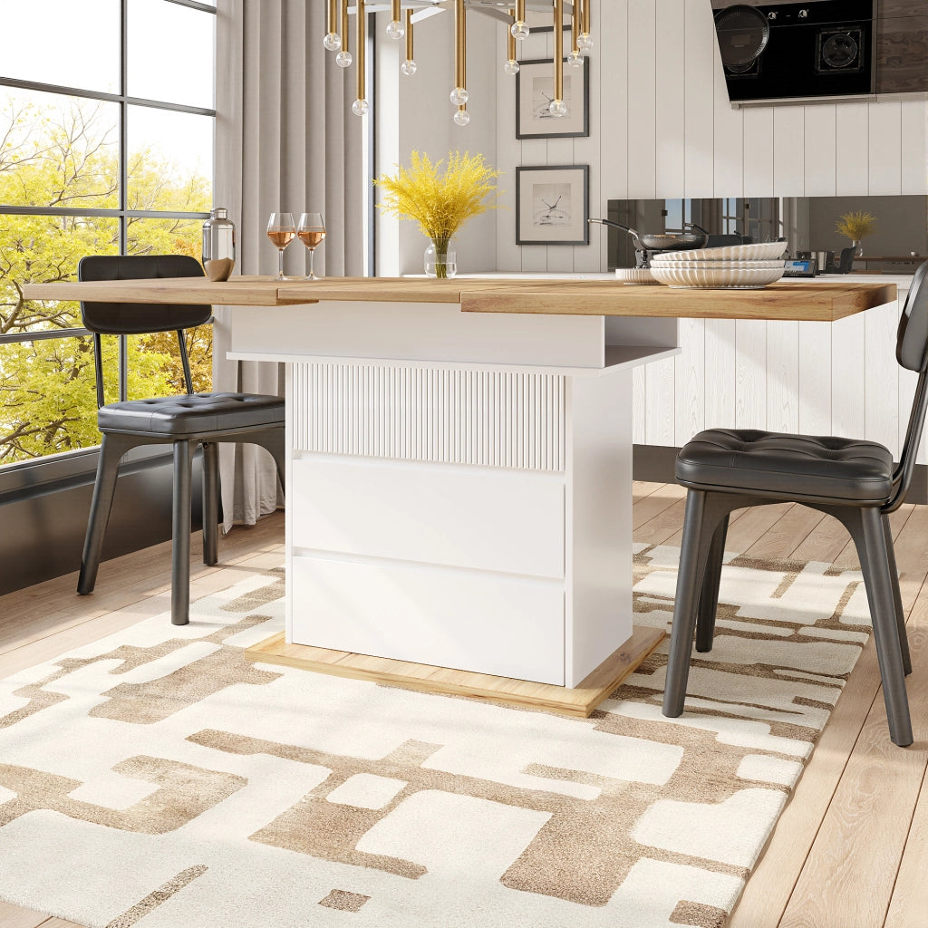 Tavolo da pranzo allungabile in MDF con vano contenitore e chiusura ammortizzata, per cucina e soggiorno, bianco