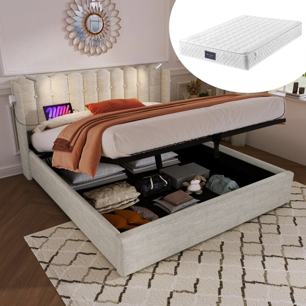 LETTO Contenitore 160x200 cm Lino Beige con luce da lettura e USB