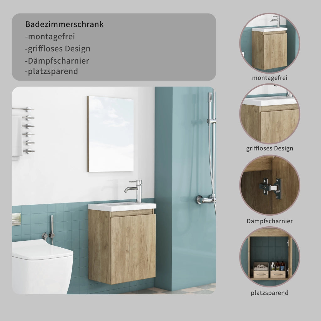 Mobile bagno sospeso con lavabo in ceramica e specchio; chiusura ammortizzata; per bagno; rovere; 45×34×58 cm