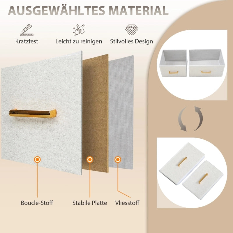 Comò con 8 cassetti e stazione di ricarica in tessuto bouclé, per ingresso e soggiorno, crema bianco 110 × 30 × 76 cm