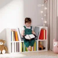 Libreria Panca 2 in 1, Design Contemporaneo, 6 Scomparti, 3 Cuscini Inclusi, 102L x 30l x 61H cm, Bianco e Grigio
