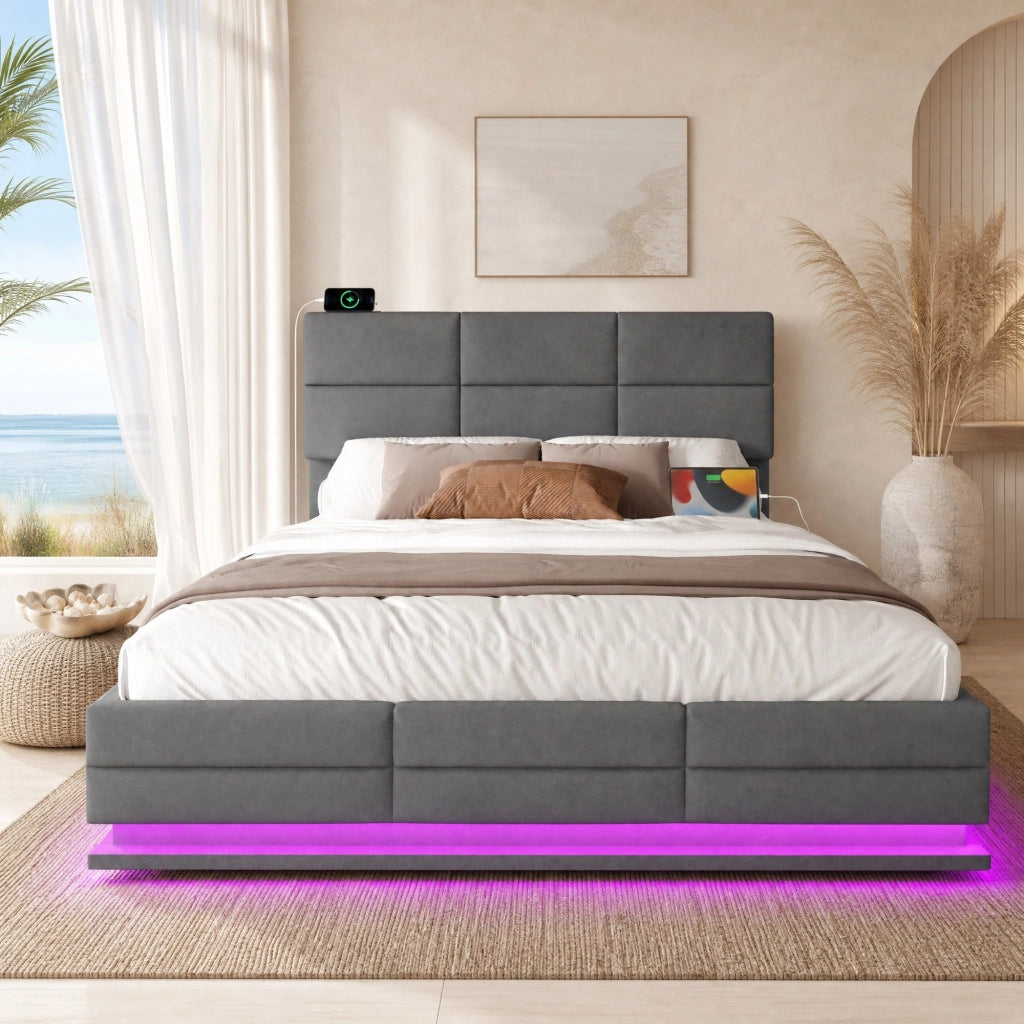 LETTO 160x200 cm in velluto grigio scuro con testiera regolabile e LED