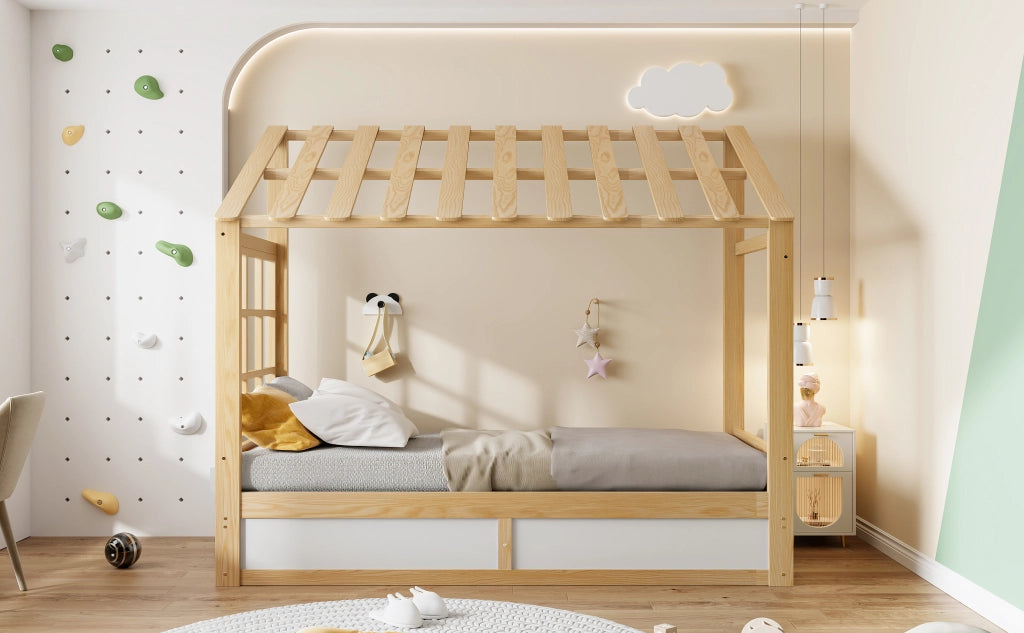 LETTO Bambini 90 x 200 cm in legno bianco e naturale con tetto, finestre e contenitore idraulico