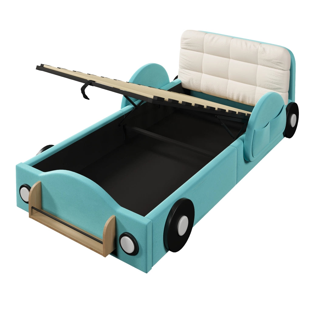 Letto imbottito 90x200 cm blu in flanella con contenitore idraulico e tasche laterali
