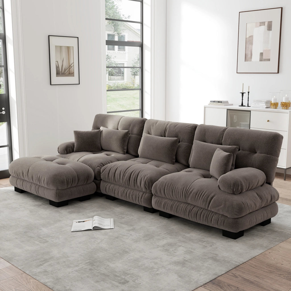 Divano Angolare Modulare in Chenille Vintage Marrone con Pouf Abbinati