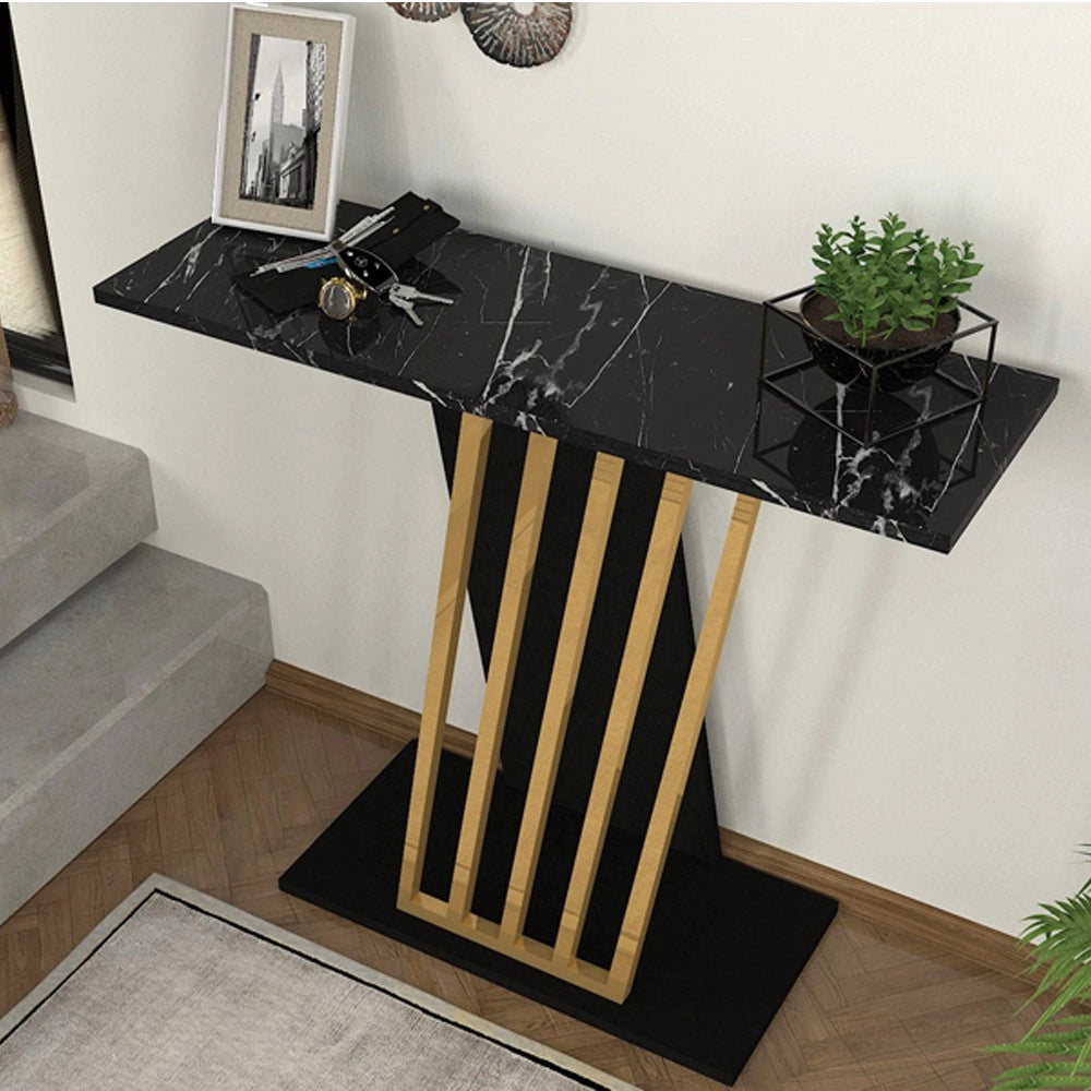 Consolle ingresso Gravity Effetto Marmo Nero con Struttura Nera e Dettagli Oro