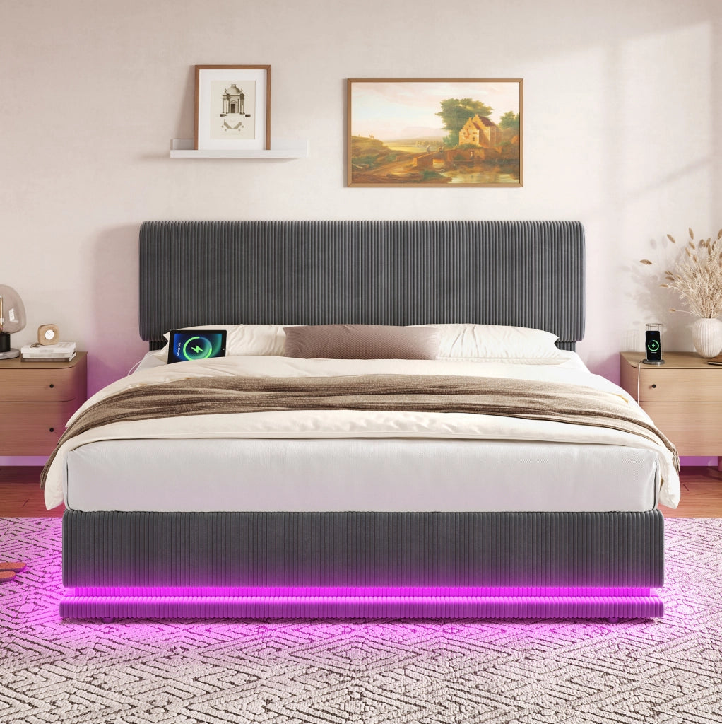 Letto imbottito 180x200 cm grigio scuro in velluto a coste con LED e USB-C
