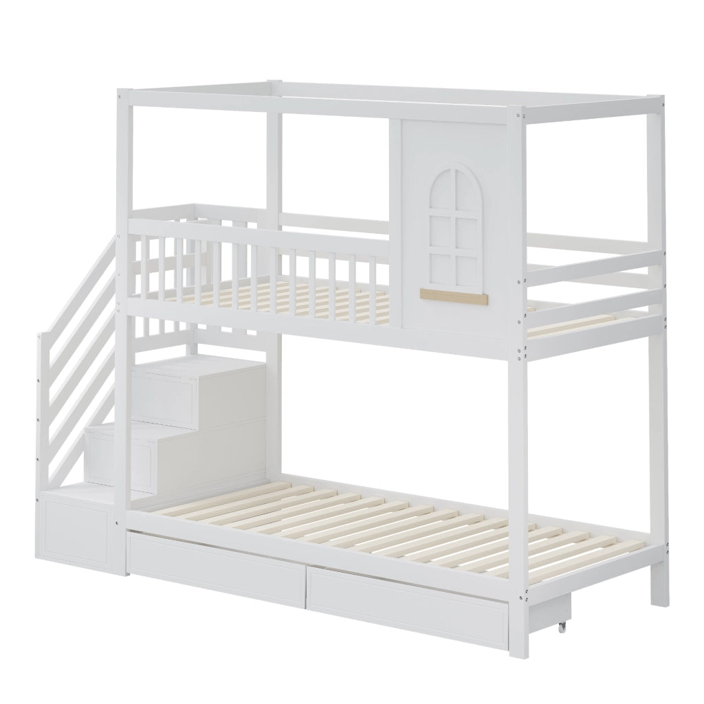 Letto a Castello 90x200 cm; Letto 2 Posti - Scala con cassetti e Ganci - Legno - Bianco