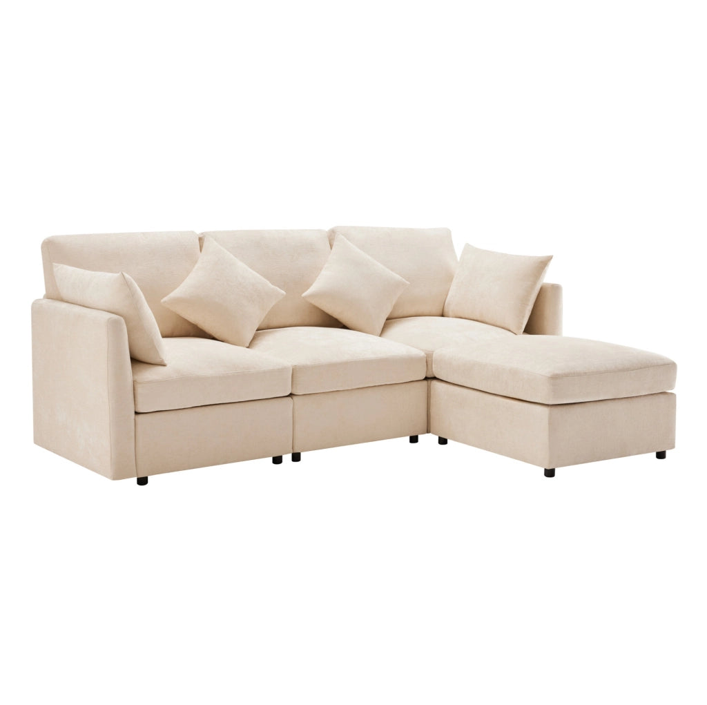 Divano modulare 216x161x81 cm con pouf mobile in chenille beige