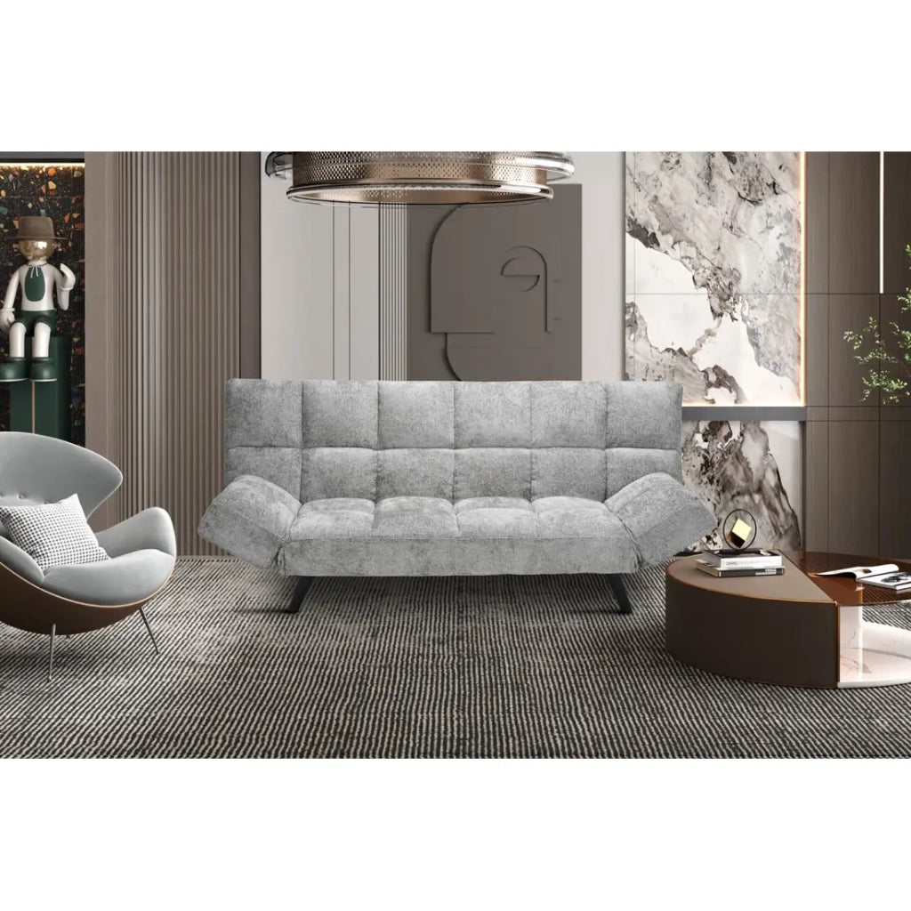 Divano letto SALVORA - Tessuto grigio - Materasso in schiuma integrato - Struttura in legno - Design compatto e pratico