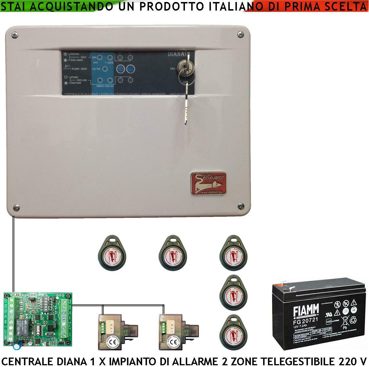 CENTRALE ALLARME DIANA 2 ZONE BATTERIA 12 V 7,2 AH SECURVERA SH-D1FCDLT5TE