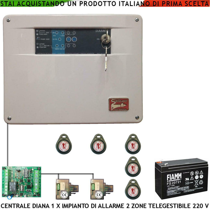 CENTRALE ALLARME DIANA 2 ZONE BATTERIA 12 V 7,2 AH SECURVERA SH-D1FCDLT5TE