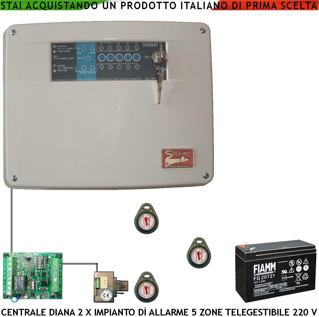 DIANA 5 ZONE CENTRALE ALLARME BATTERIA 12 V 7,2 AH SECURVERA SH-D2FCULT3TA