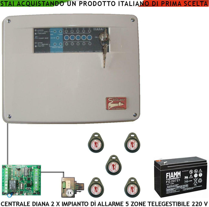 CENTRALE ANTIFURTO DIANA 5 ZONE BATTERIA 12 V 7,2 AH SECURVERA SH-D2FCULT5TC