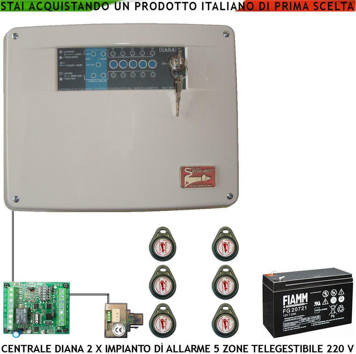 DIANA CENTRALE ALLARME 5 ZONE BATTERIA 12 V 7,2 AH SECURVERA SH-D2FCULT6TD