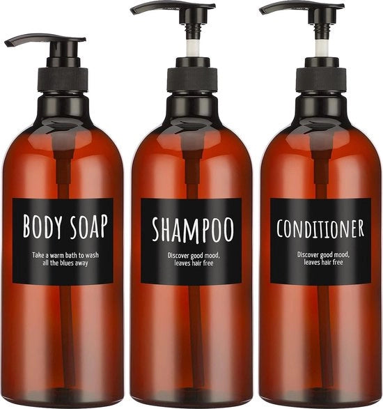 Set di shampoo e condizionatore con pompa, super set 3 pezzi, flaconi di shampoo e condizionatore vuoti, flacone per dispenser di sapone per il corpo, dispenser di plastica marrone, riutilizzabile