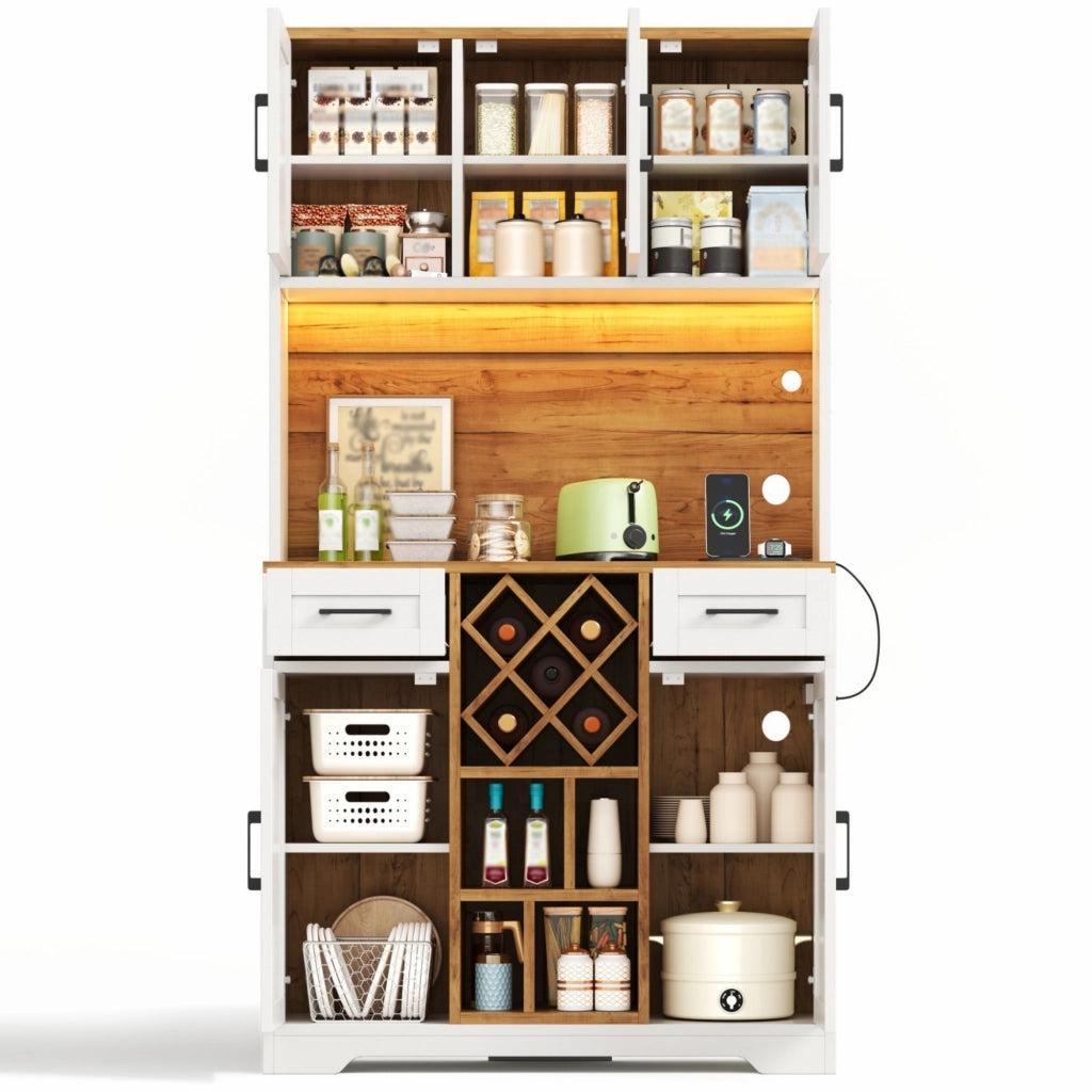 Credenza con 2 cassetti; vani aperti; portabottiglie estraibile e LED RGB per cucina 105×40×180 cm