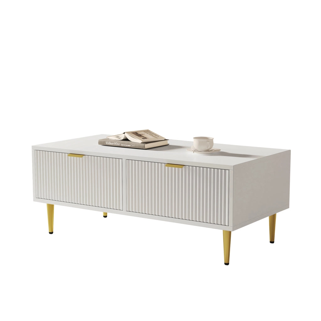 Tavolino da salotto moderno - Zephmum - 100x50x40cm - Bianco - Accenti dorati, 2 cassetti