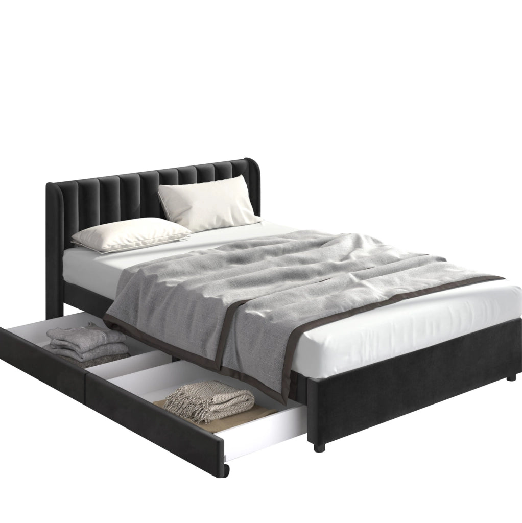 Letto imbottito 180x200 cm in velluto nero con rete a doghe e 2 cassetti
