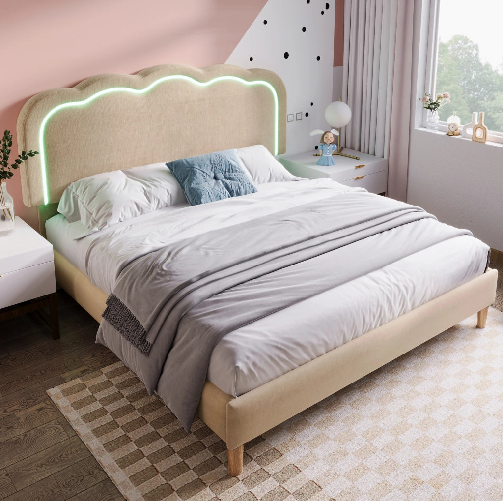 Letto matrimoniale imbottito 140x200 cm con testiera LED regolabile in lino beige