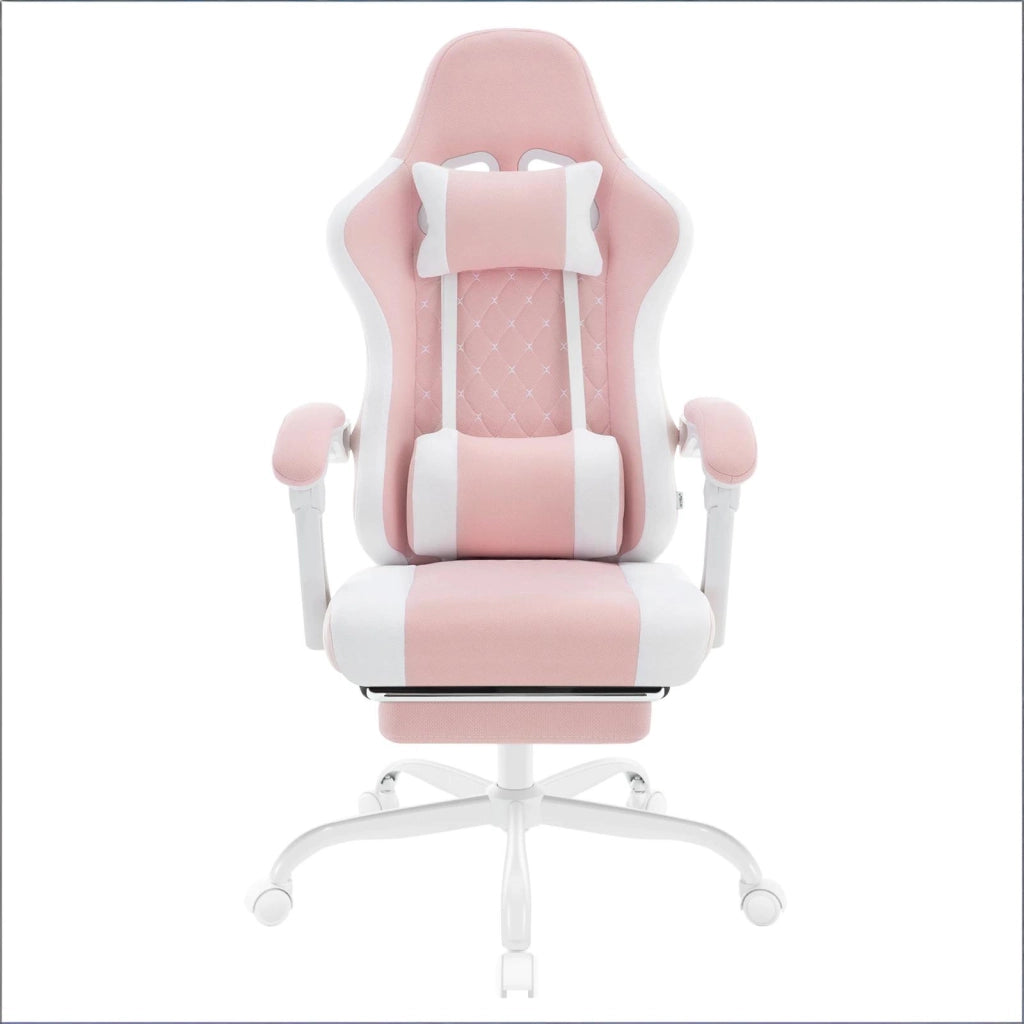 Sedia da ufficio ergonomica girevole con funzione massaggio, poggiapiedi e tessuto mesh rosa e bianco