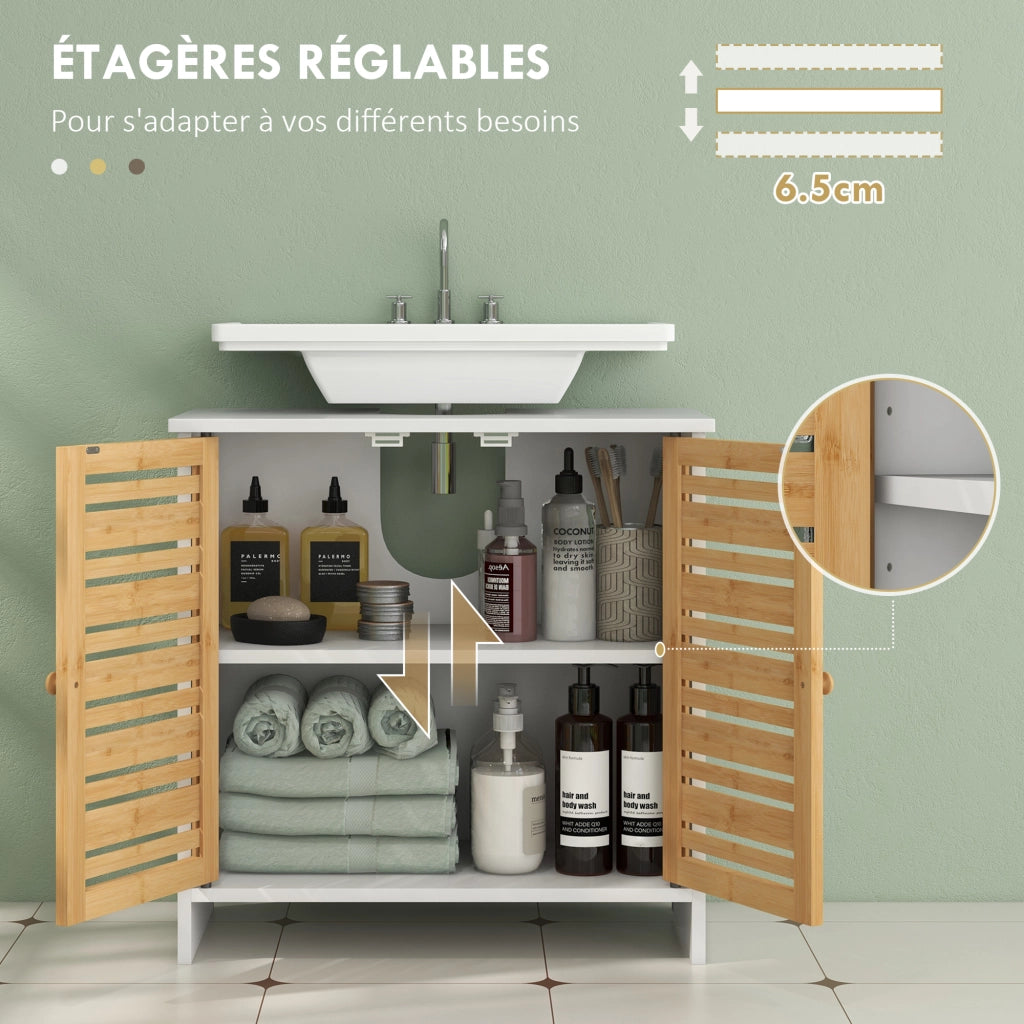Mobiletto sottolavabo 2 ante ripiano regolabile ¨C zephmum ¨C bianco bamb¨´ 60x30x60 cm