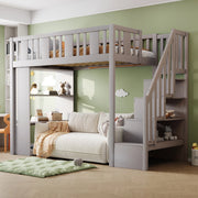 OKWISH Letto a Soppalco 90×200 cm, Letto Singolo con Scala Contenitore, 3 Scomparti e Sponda di Sicurezza, senza Materasso, Legno, Grigio