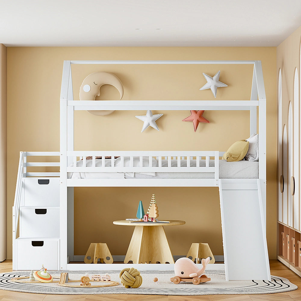 Letto a castello per bambini con scivolo - Xylo - 90x200 cm - Bianco - Scala di stoccaggio