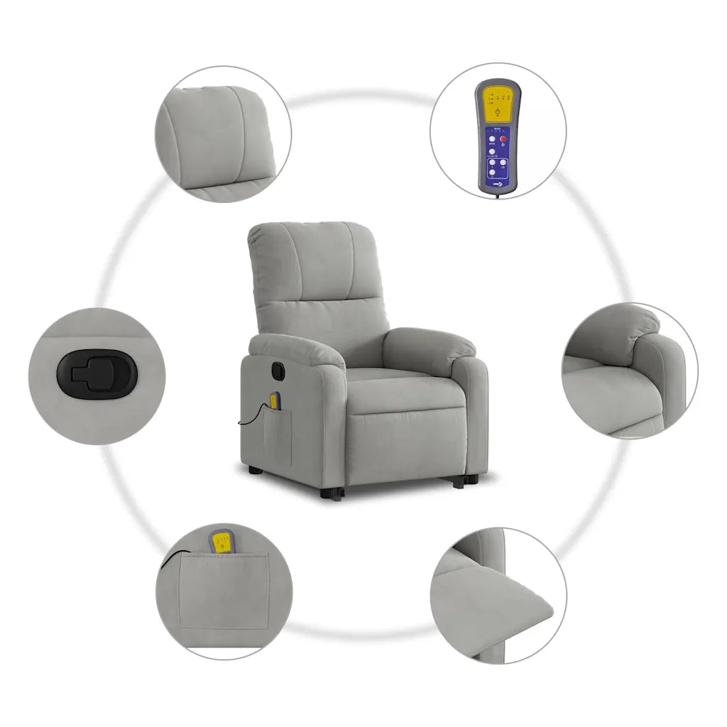 Poltrona a Rialzo Massaggi Reclinante Grigio Chiaro Microfibra 3204937