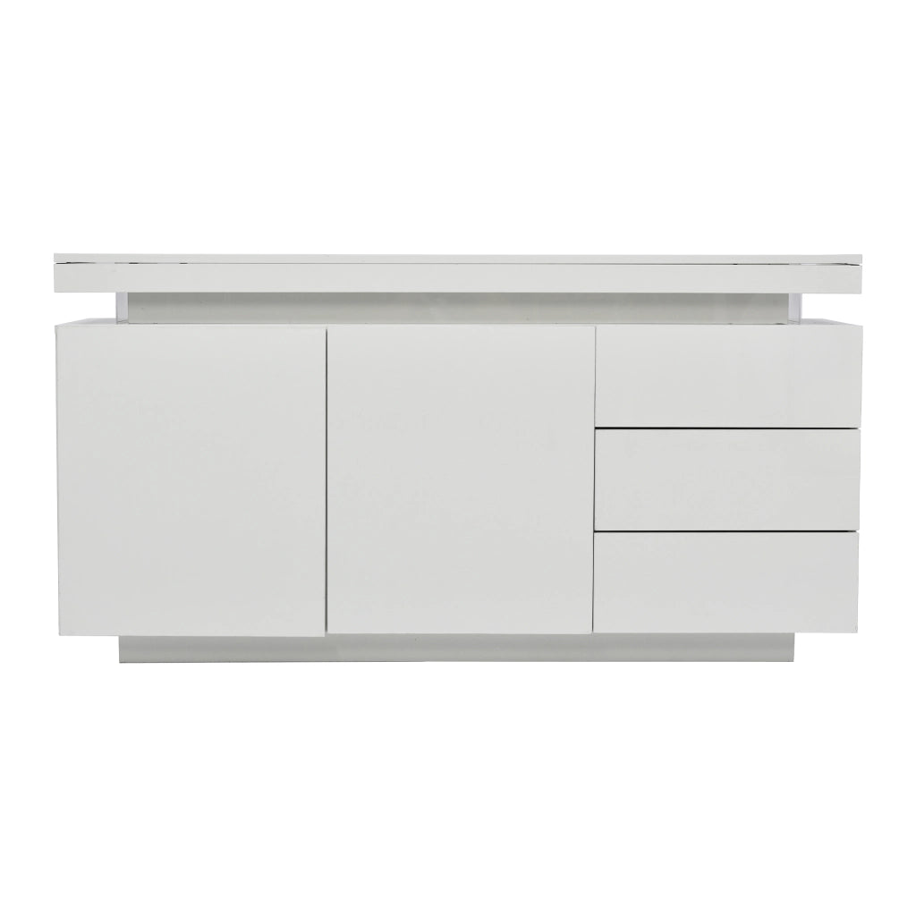 Credenza con 2 ante; 3 cassetti e LED; per soggiorno; 140x35x72.5 cm; bianco