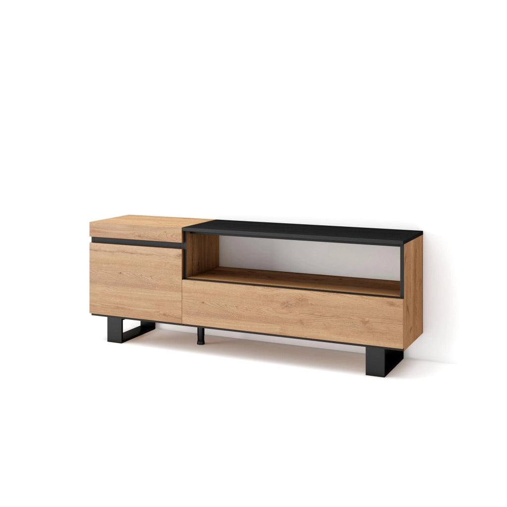 Mobile TV Soggiorno, 150x35x57cm, Per TV fino a 65", Design industriale, colore Rovere e nero RF2434