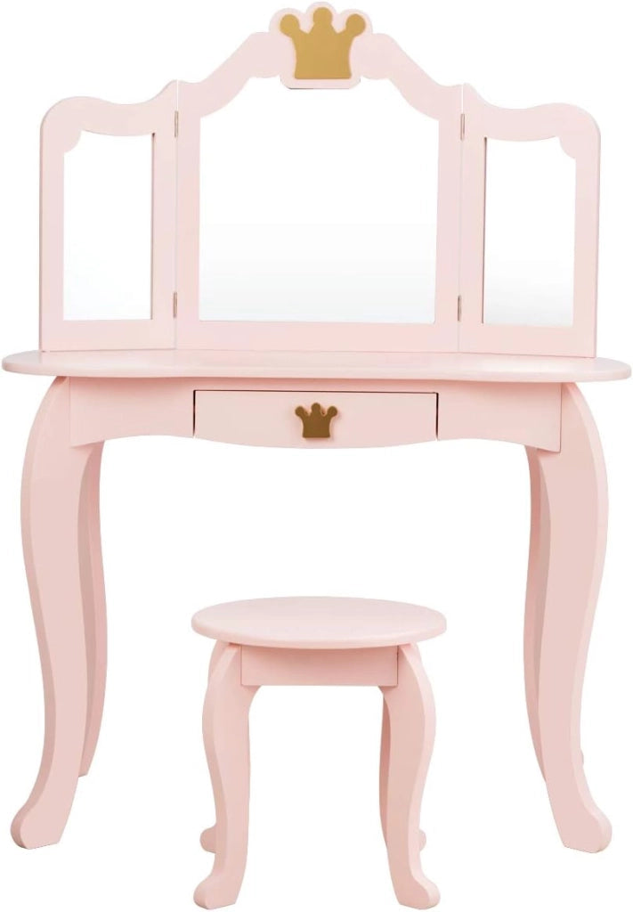 Toeletta da Trucco per Bambini, 2 in 1 Giocattolo da Trucco, Tavolo e Sgabello, con Cassetto, Specchio Rimovibile, Design Principessa, Consigliata per Ragazze 3-7 Anni, Rosa/Bianco