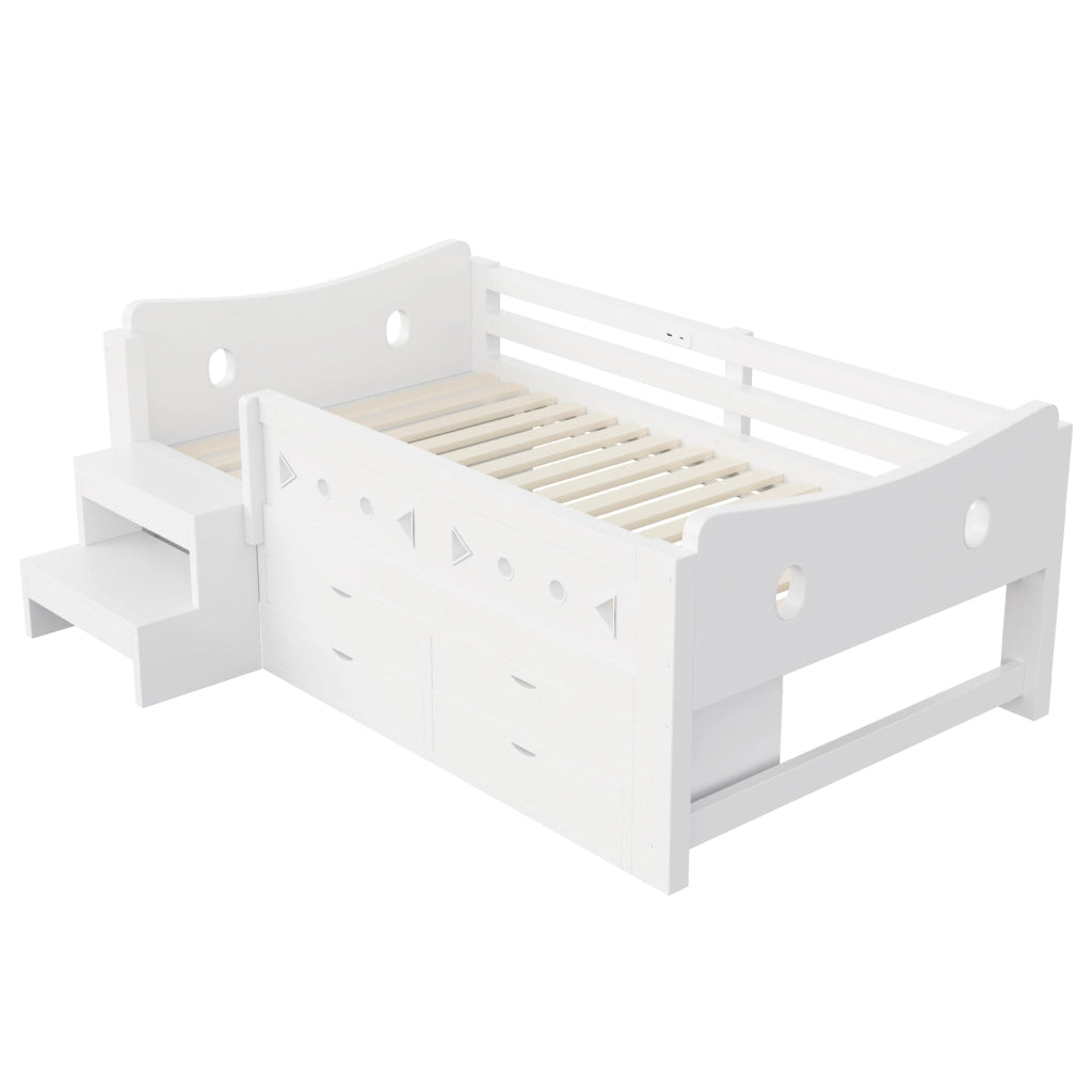 Letto singolo per bambini 90x200 cm con cassetti; testiera portaoggetti; sponda; LED; USB e USB-C; legno bianco