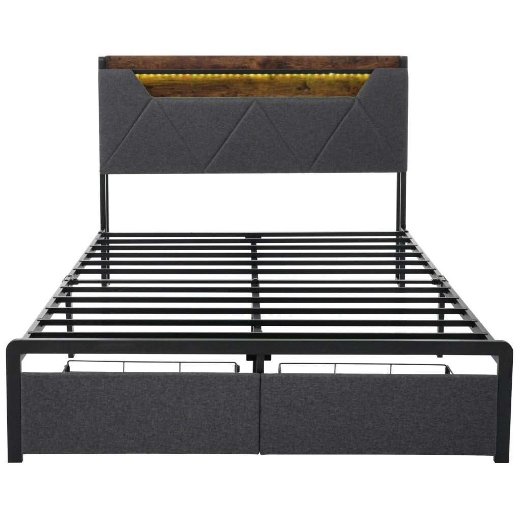 Letto 160x200 cm con testiera contenitore; USB C; LED e 2 cassetti; grigio